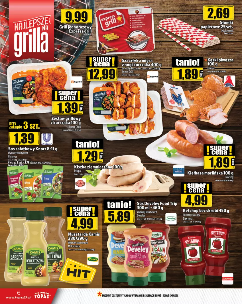 Gazetka promocyjna Topaz - Gazetka - ważna 27.06 do 03.07.2024 - strona 6 - produkty: Dawtona, Grill, Gry, Kamis, Ketchup, Kiełbasa, Knorr, Kurczak, Mus, Musztarda, Pekpol, Sałat, Sos, Top