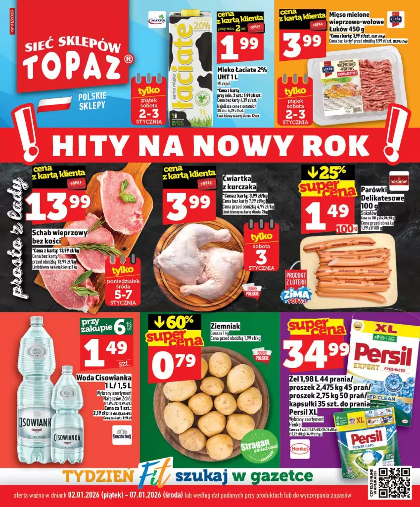 Gazetka promocyjna Topaz - Gazetka - ważna 02.01 do 07.01.2026 - strona 1 - produkty: Cisowianka, Fa, Mięso, Mięso mielone, Persil, Woda