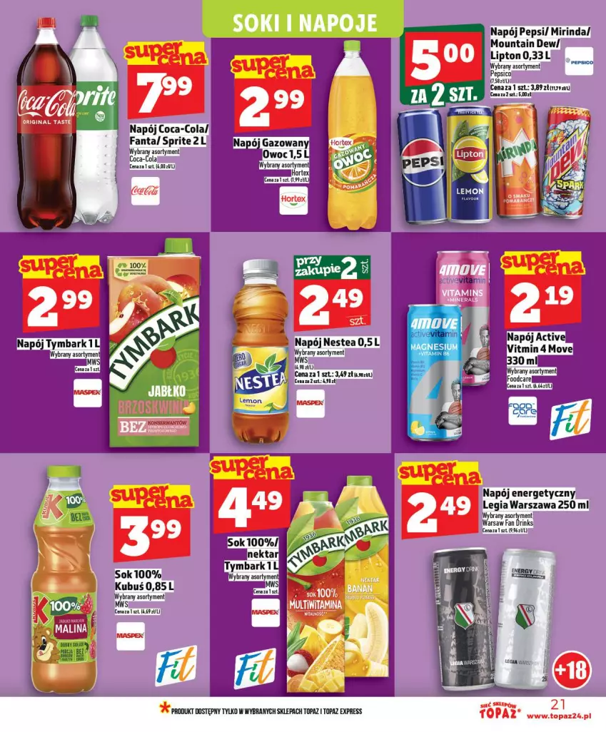 Gazetka promocyjna Topaz - Gazetka - ważna 02.01 do 07.01.2026 - strona 21 - produkty: Coca-Cola, Fa, Fanta, Kubuś, Lipton, Mirinda, Napój, Napój energetyczny, Nestea, Pepsi, Ser, Sprite, Top, Tymbark
