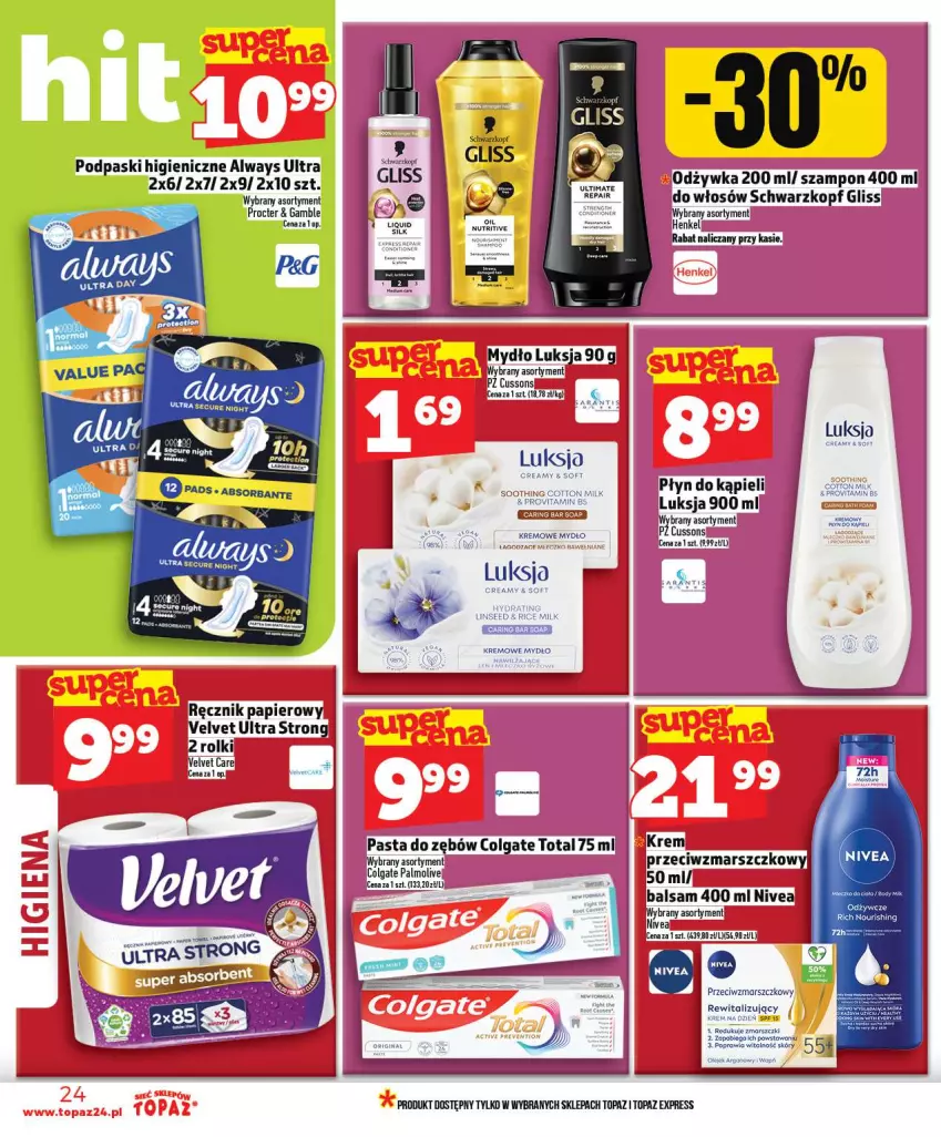 Gazetka promocyjna Topaz - Gazetka - ważna 02.01 do 07.01.2026 - strona 24 - produkty: Always, Always Ultra, Colgate, Colgate Total, LG, Luksja, Mars, Mydło, Nivea, Odżywka, Palmolive, Papier, Pasta do zębów, Płyn do kąpieli, Podpaski, Ręcznik, Rolki, Schwarzkopf, Szampon, Top, Velvet