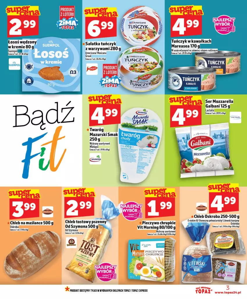 Gazetka promocyjna Topaz - Gazetka - ważna 02.01 do 07.01.2026 - strona 3 - produkty: Chleb, Chleb tostowy, Chrupki, Galbani, Gra, Graal, Kawa, Mozzarella, Piec, Pieczywo, Pieczywo chrupkie, Sałat, Sałatka, Ser, Top, Tuńczyk, Twaróg, Warzywa