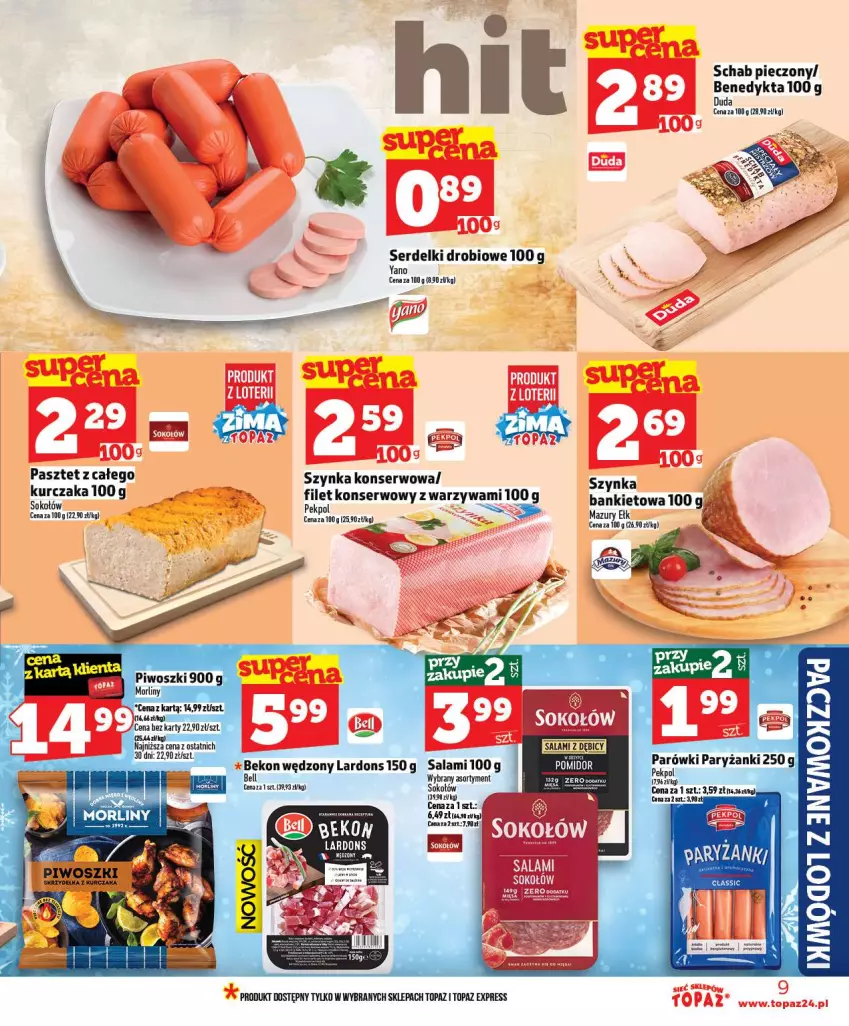 Gazetka promocyjna Topaz - Gazetka - ważna 02.01 do 07.01.2026 - strona 9 - produkty: Duda, Kurczak, Parówki, Pasztet, Pekpol, Piec, Ryż, Salami, Schab pieczony, Ser, Serdelki, Sok, Szynka, Szynka konserwowa, Top, Warzywa