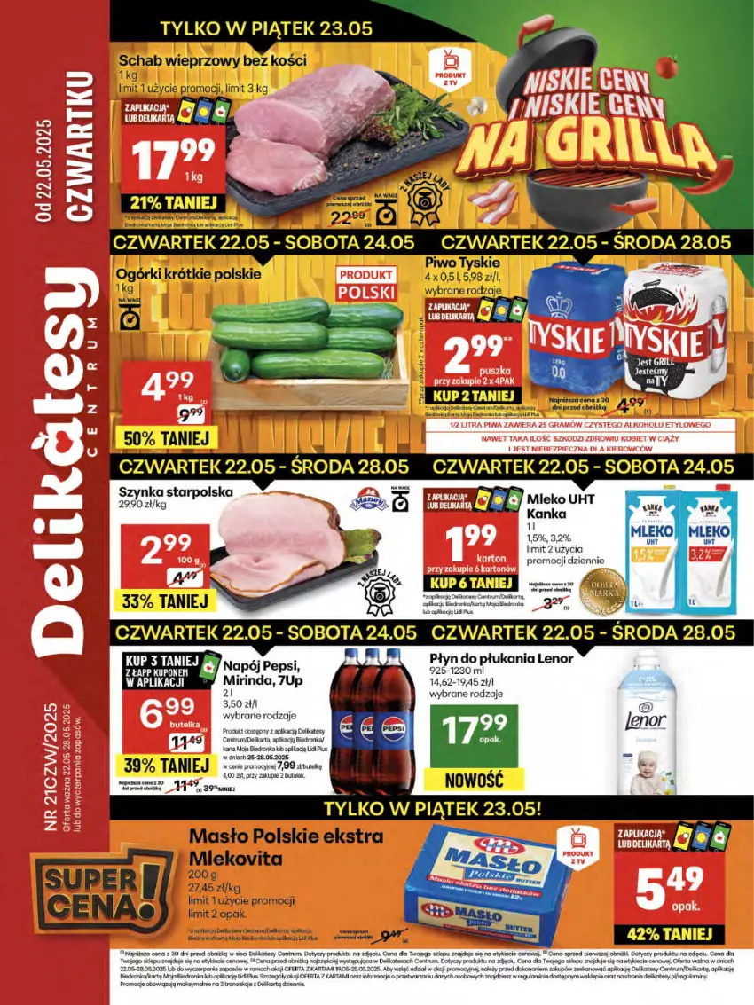 Gazetka promocyjna Delikatesy Centrum - Franczyza DC21 Czwartek - ważna 22.05 do 28.05.2025 - strona 1 - produkty: 7up, Dron, Fa, Koc, Lenor, Masło, Mirinda, Mleko, Mlekovita, Napój, Pepsi, Piwo, Płyn do płukania, Rama, Rum, Schab wieprzowy, Sok, Szynka, Tran, Tyskie