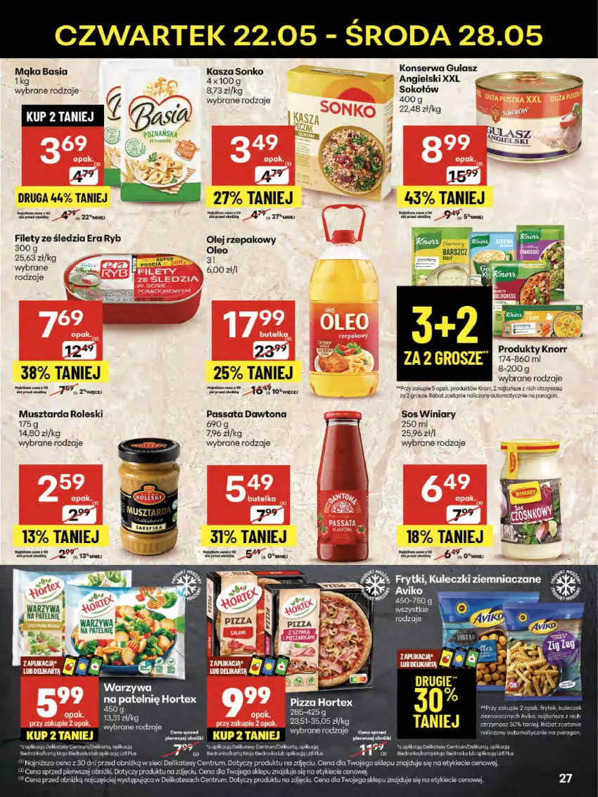 Gazetka promocyjna Delikatesy Centrum - Franczyza DC21 Czwartek - ważna 22.05 do 28.05.2025 - strona 27 - produkty: Basia, Dawtona, Dron, Era Ryb, Frytki, Hortex, Kasza, Knorr, Mąka, Mus, Musztarda, Olej, Olej rzepakowy, Oleo, Orka, Rum, Ser, Sok, Sokołów, Sonko, Sos, Winiary