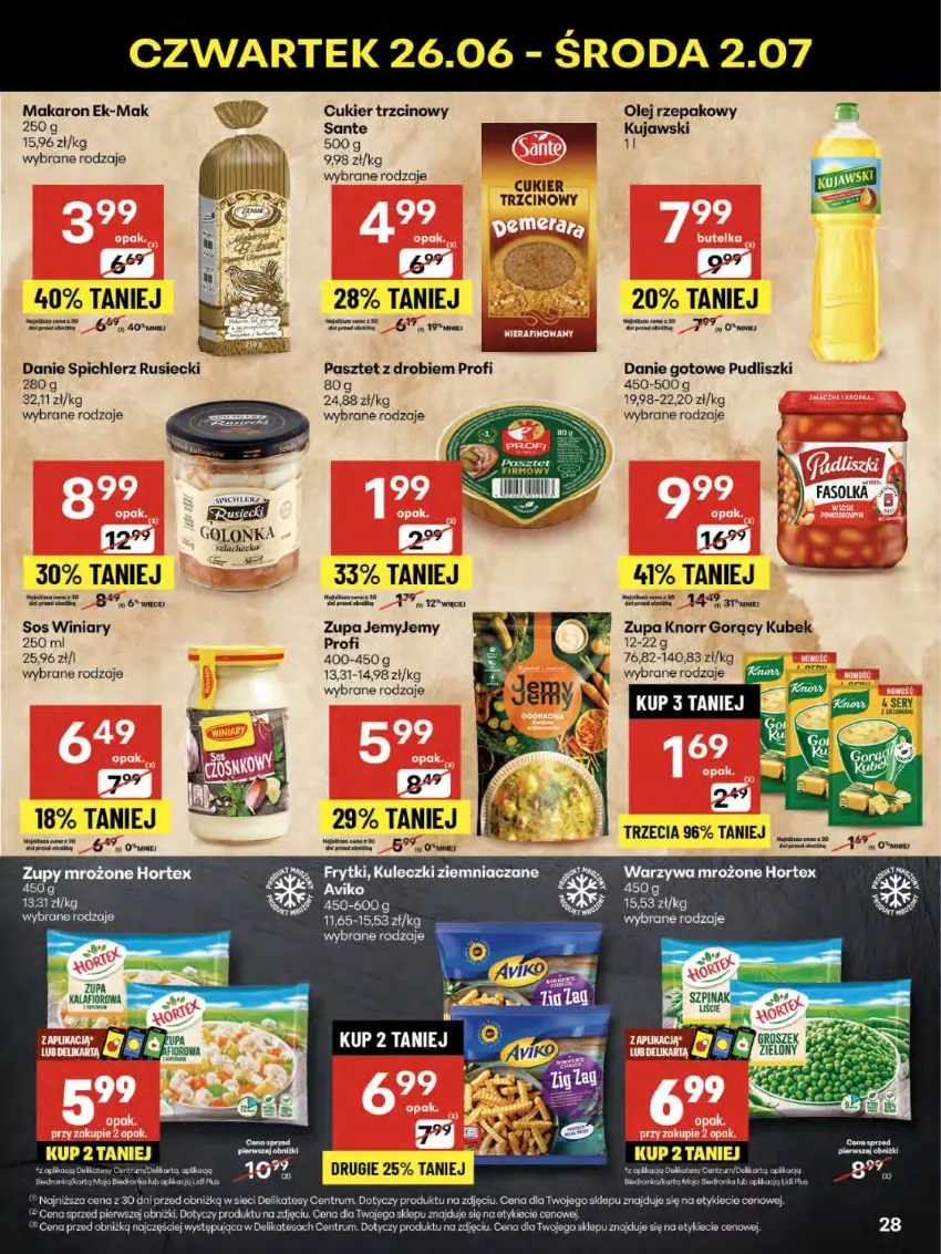 Gazetka promocyjna Delikatesy Centrum - Franczyza DC26 Czwartek - ważna 26.06 do 02.07.2025 - strona 28 - produkty: Cukier, Cukier trzcinowy, Danie gotowe, Dron, Fa, Frytki, Hortex, Knorr, Kubek, Kujawski, Makaron, Olej, Olej rzepakowy, Orka, Pasztet, Pudliszki, Róża, Rum, Sante, Ser, Sos, Spichlerz Rusiecki, Warzywa, Winiary, Zupa