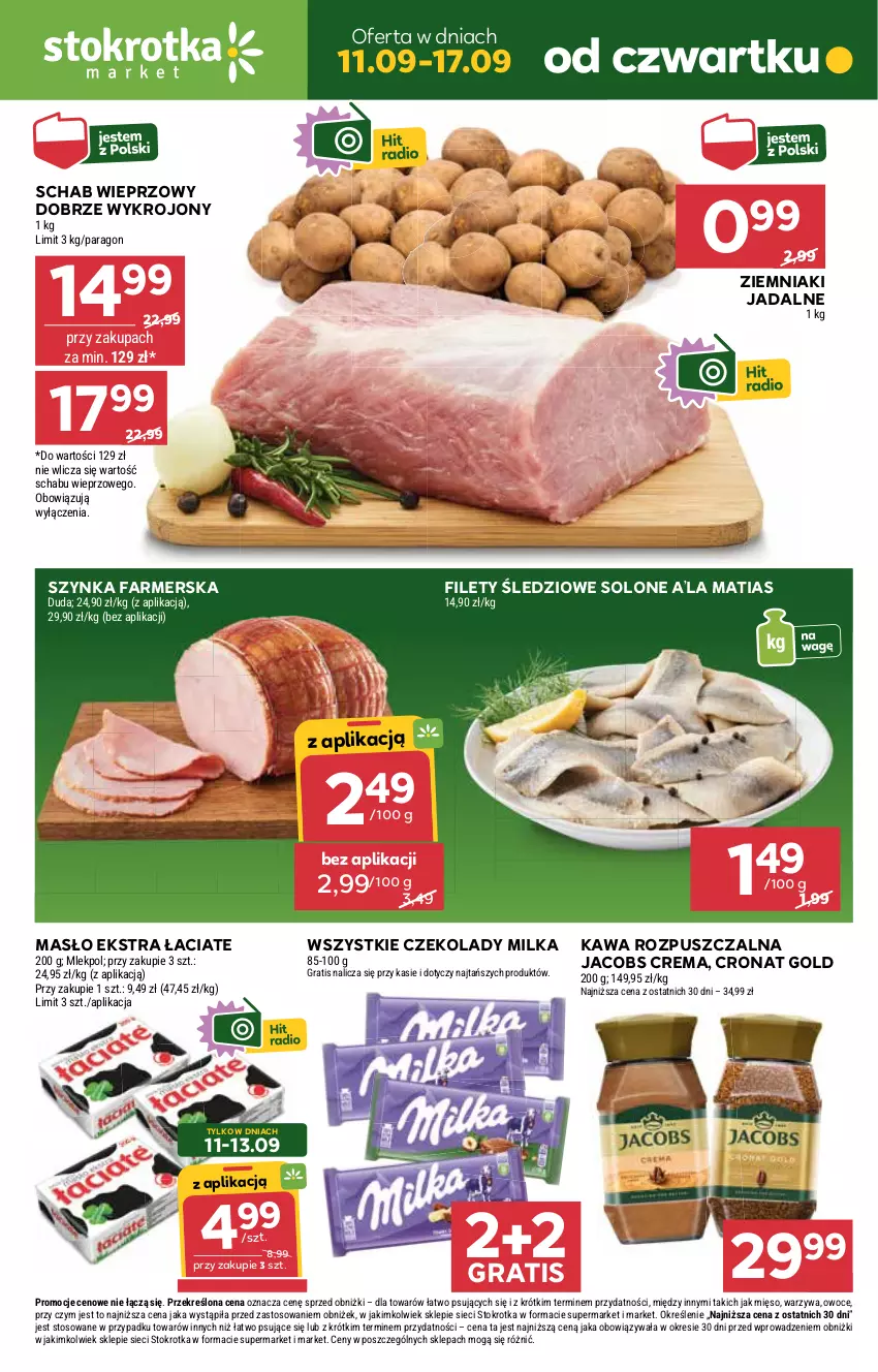 Gazetka promocyjna Stokrotka - Market - ważna 11.09 do 17.09.2025 - strona 1 - produkty: Duda, Fa, Gra, Jacobs, Kawa, Kawa rozpuszczalna, Masło, Mięso, Milka, Owoce, Schab wieprzowy, Szynka, Szynka farmerska, Warzywa, Ziemniaki