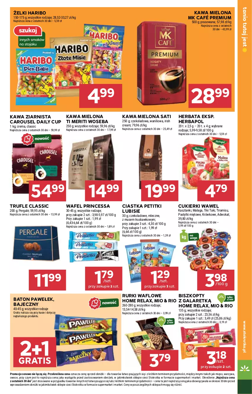 Gazetka promocyjna Stokrotka - Market - ważna 11.09 do 17.09.2025 - strona 21 - produkty: Baton, Biszkopty, Ciastka, Cukier, Cukierki, Gala, Gra, Haribo, Herbapol, Herbata, Kawa, Kawa mielona, Kawa ziarnista, Lubisie, Mięso, Mus, Owoce, Pastylki, Princessa, Rurki, Sati, Warzywa, Wawel, Woseba