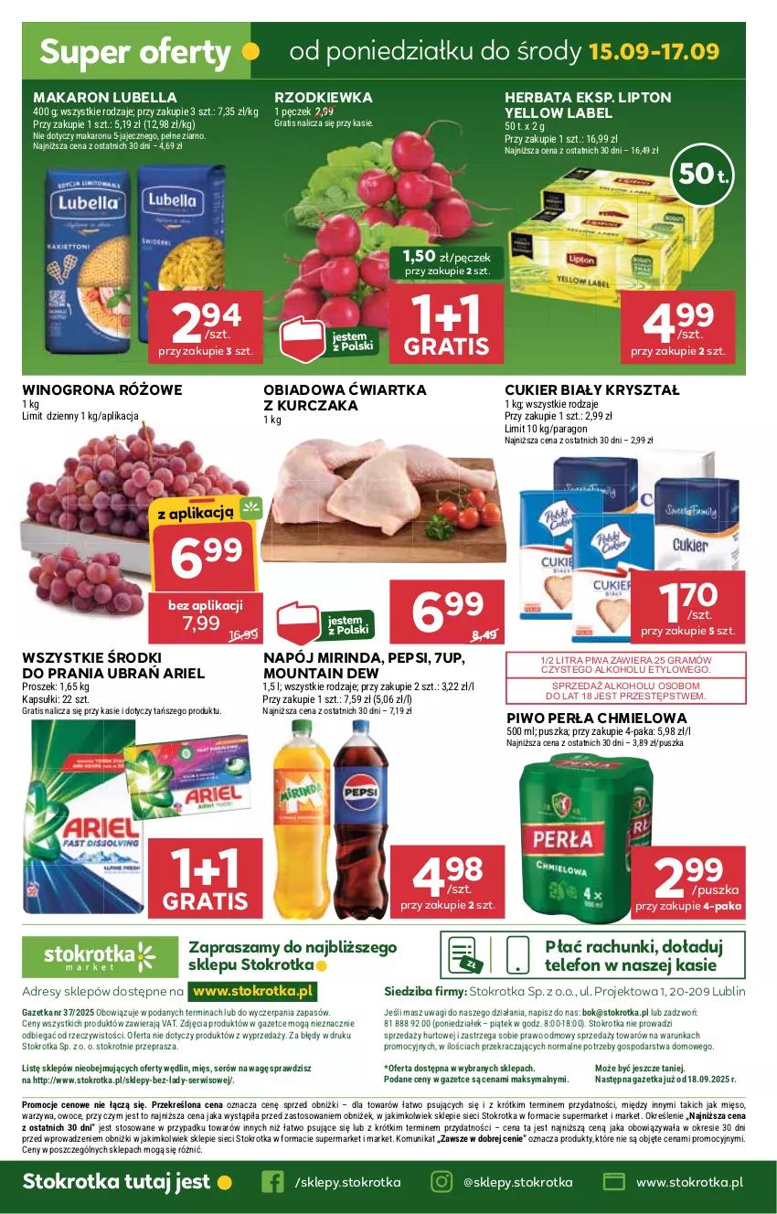 Gazetka promocyjna Stokrotka - Market - ważna 11.09 do 17.09.2025 - strona 31 - produkty: 7up, Ariel, Bell, Bella, Cukier, Dres, Gra, Herbata, JBL, Kurczak, Lipton, Lubella, Makaron, Mięso, Mirinda, Napój, O nas, Owoce, Pepsi, Perła, Piwa, Piwo, Rzodkiewka, Ser, Telefon, Wagi, Warzywa, Wino, Winogrona