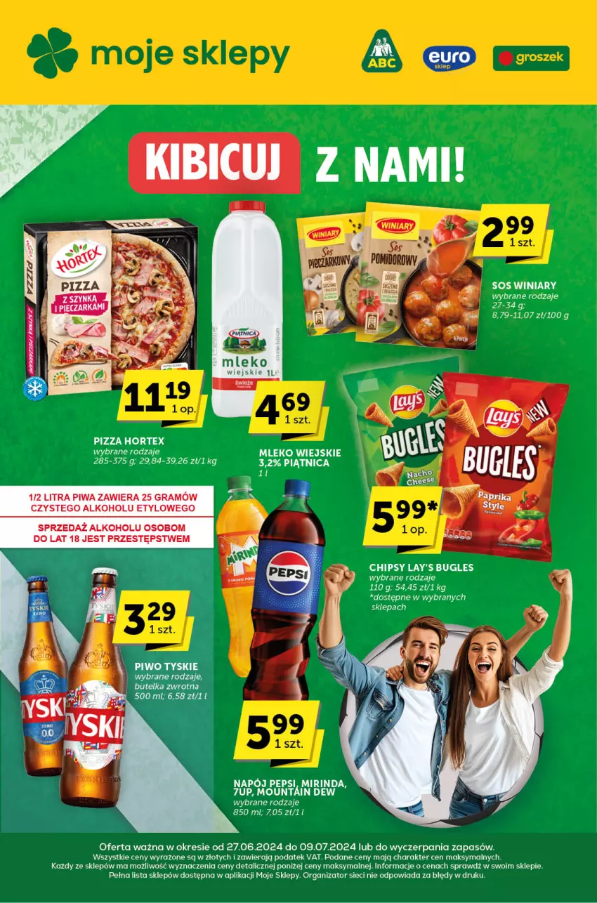 Gazetka promocyjna ABC - ważna 27.06 do 09.07.2024 - strona 1 - produkty: 7up, Chipsy, Gra, Hortex, Mirinda, Mleko, Napój, Pepsi, Piątnica, Piwa, Pizza, Sos, Winiary