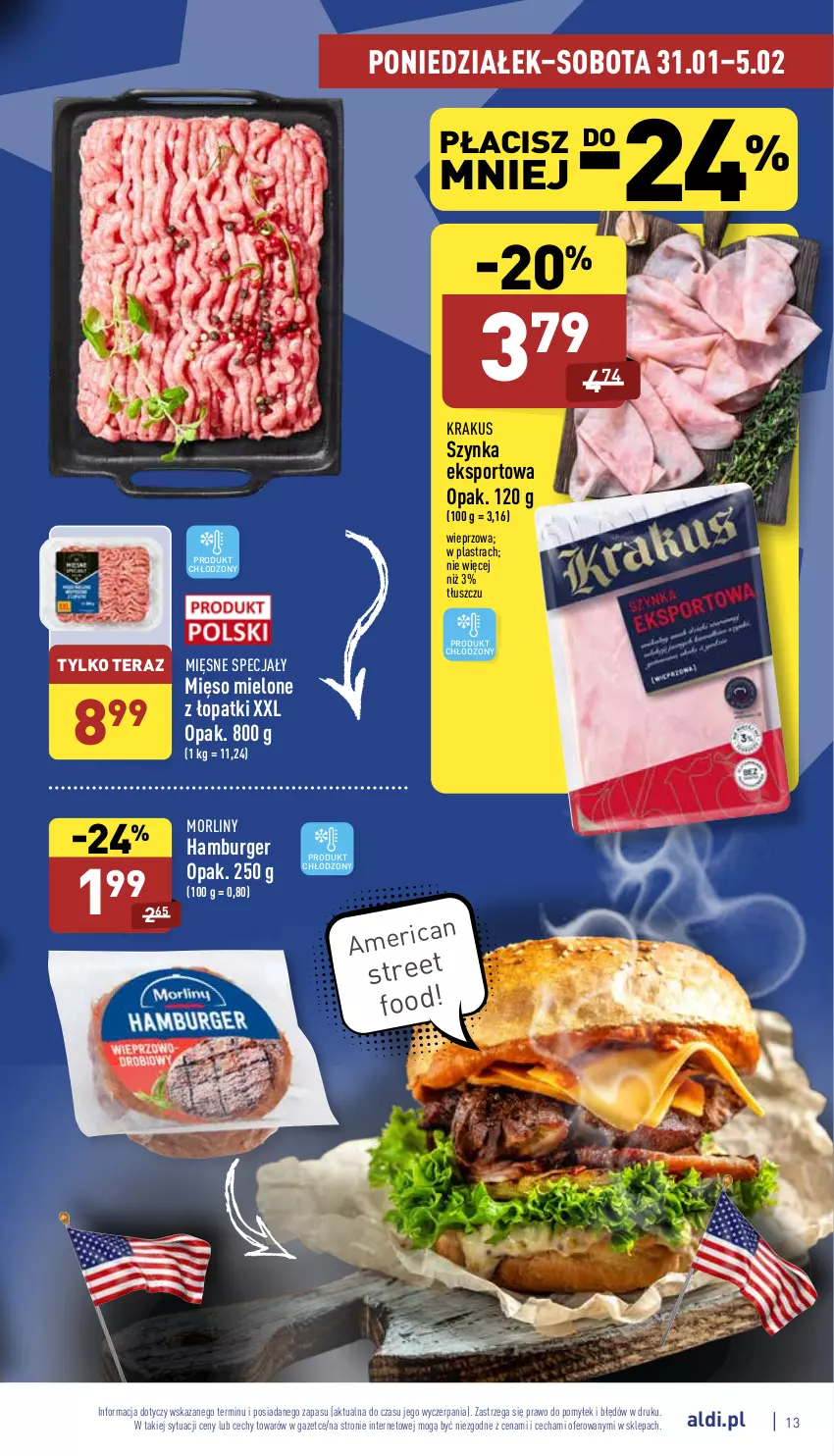 Gazetka promocyjna Aldi - Katalog spożywczy - ważna 31.01 do 05.02.2022 - strona 13 - produkty: Burger, Hamburger, Krakus, Mięsne specjały, Mięso, Mięso mielone, Morliny, Por, Sport, Szynka, Tera