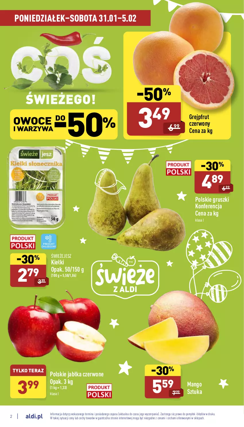 Gazetka promocyjna Aldi - Katalog spożywczy - ważna 31.01 do 05.02.2022 - strona 2 - produkty: Grejpfrut, Gruszki, Jabłka, Kiełki, Mango, Owoce, Tera, Warzywa