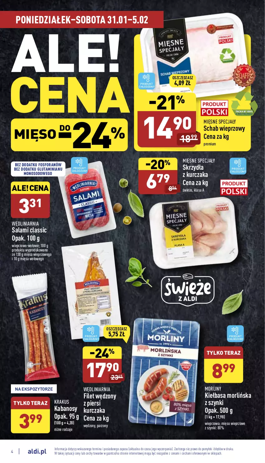 Gazetka promocyjna Aldi - Katalog spożywczy - ważna 31.01 do 05.02.2022 - strona 4 - produkty: Kabanos, Kiełbasa, Krakus, Kurczak, Mięsne specjały, Mięso, Mięso wieprzowe, Morliny, Salami, Schab wieprzowy, Tera