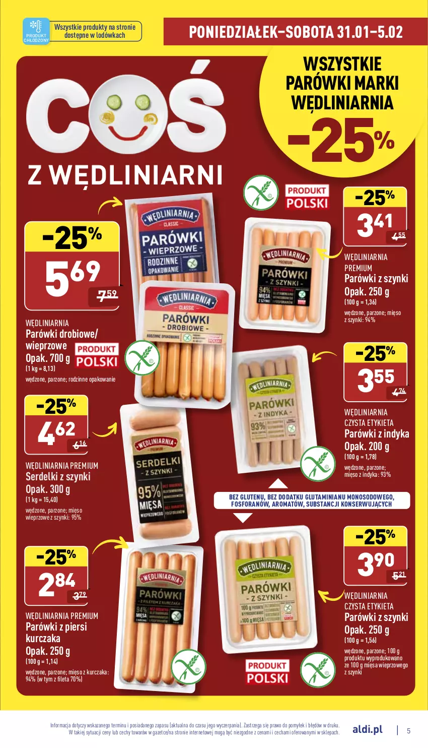 Gazetka promocyjna Aldi - Katalog spożywczy - ważna 31.01 do 05.02.2022 - strona 5 - produkty: Kurczak, Lodówka, Mięso, Mięso wieprzowe, Mięso z indyka, Parówki, Parówki z indyka, Parówki z piersi kurczaka, Parówki z szynki, Ser, Serdelki