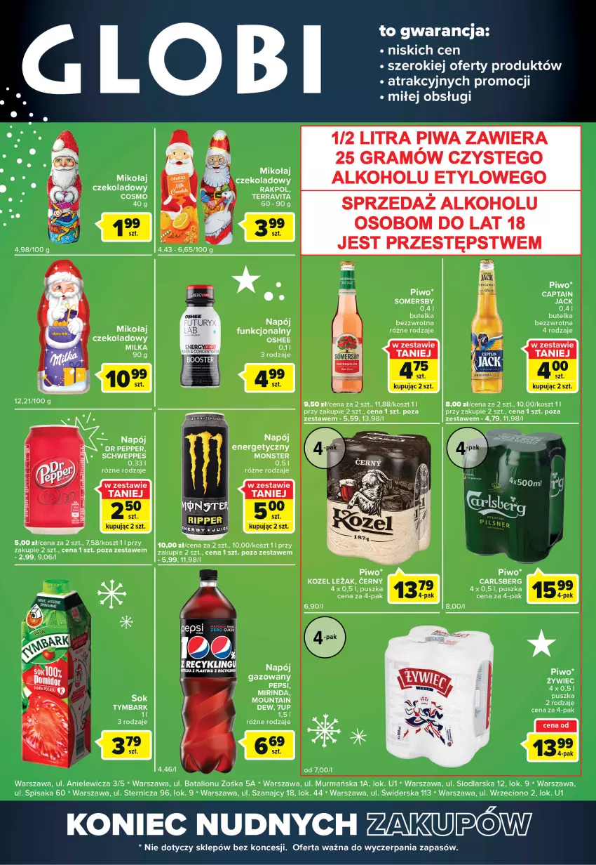 Gazetka promocyjna Carrefour - Gazetka Globi - ważna 06.12 do 12.12.2022 - strona 2 - produkty: 7up, Captain Jack, Carlsberg, Gra, Kosz, Kozel, Lion, Mirinda, Napój, Napój gazowany, Oshee, Pepsi, Piwa, Piwo, Schweppes, Somersby, Tymbark