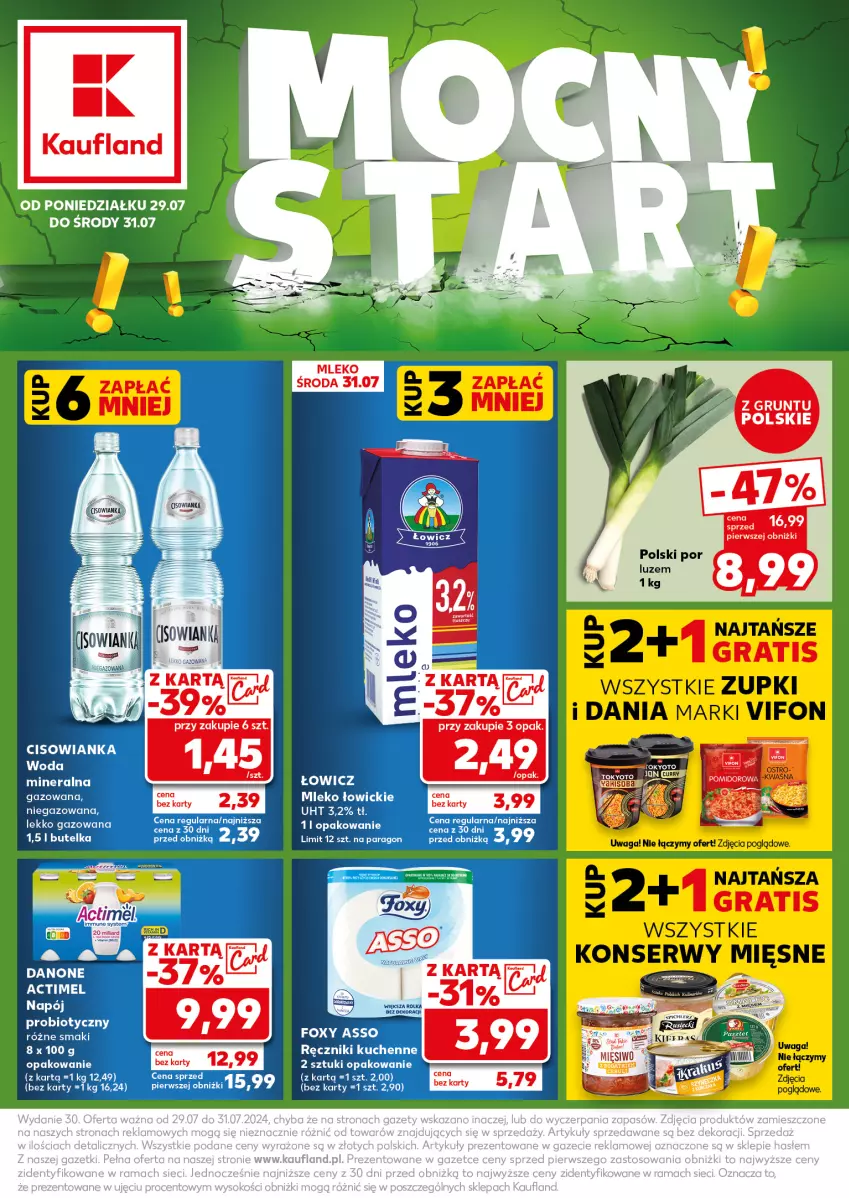 Gazetka promocyjna Kaufland - Kaufland - ważna 29.07 do 31.07.2024 - strona 1 - produkty: Actimel, Cisowianka, Foxy, Napój, Por, Ręcznik, Ser, Waga, Woda