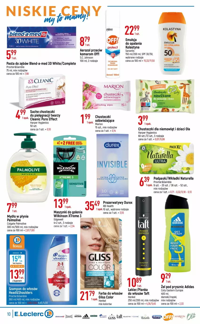 Gazetka promocyjna E Leclerc - ważna 14.06 do 26.06.2022 - strona 10 - produkty: Adidas, Anew, Blend-a-Med, Chusta, Chusteczki, Cleanic, Colgate, Dada, Durex, Dzieci, Emulsja, Fa, Lakier, LG, Mydło, Mydło w płynie, Naturell, Naturella, Palmolive, Pasta do zębów, Podpaski, Prezerwatyw, Pur, Szampon, Taft, Tera, Wkładki