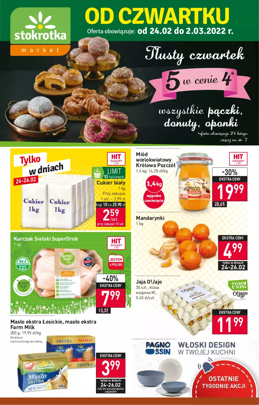 Gazetka promocyjna Stokrotka - Market - ważna 24.02 do 02.03.2022 - strona 1 - produkty: Cukier, Donut, Fa, Farm Milk, Jaja, Kurczak, Mandarynki, Masło, Miód, Nuty