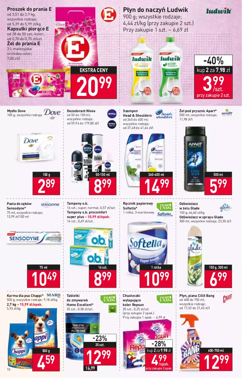 Gazetka promocyjna Stokrotka - Market - ważna 24.02 do 02.03.2022 - strona 10 - produkty: Chappi, Chusteczki, Cillit Bang, Dezodorant, Dove, Ludwik, Mydło, Nivea, O.B., Papier, Pasta do zębów, Proszek do prania, Ręcznik, Sensodyne, Szampon, Tablet, Tampony