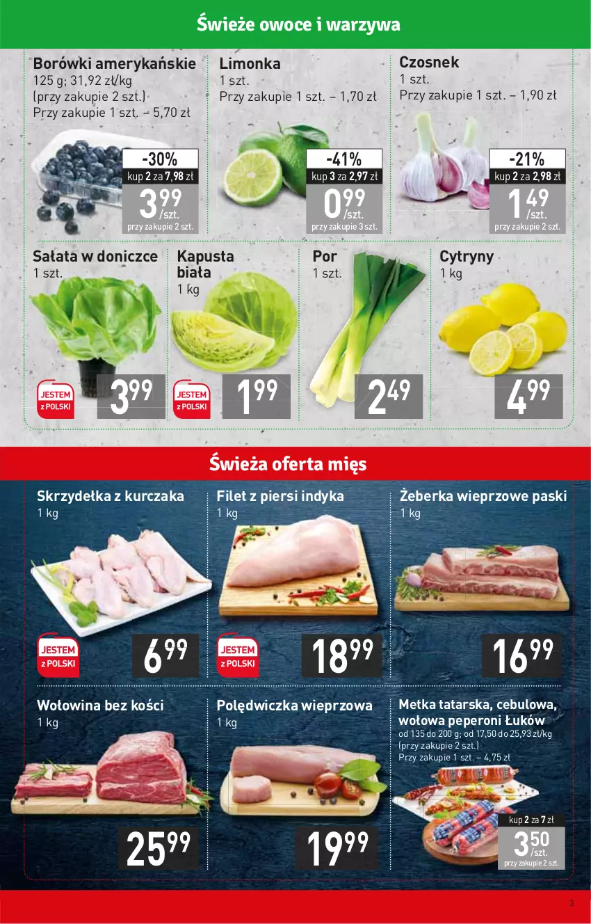 Gazetka promocyjna Stokrotka - Market - ważna 24.02 do 02.03.2022 - strona 3 - produkty: Cytryny, Czosnek, Filet z piersi indyka, Kurczak, Limonka, Metka tatarska, Polędwiczka wieprzowa, Por, Sałat, Skrzydełka z kurczaka, Wołowina, Wołowina bez kości