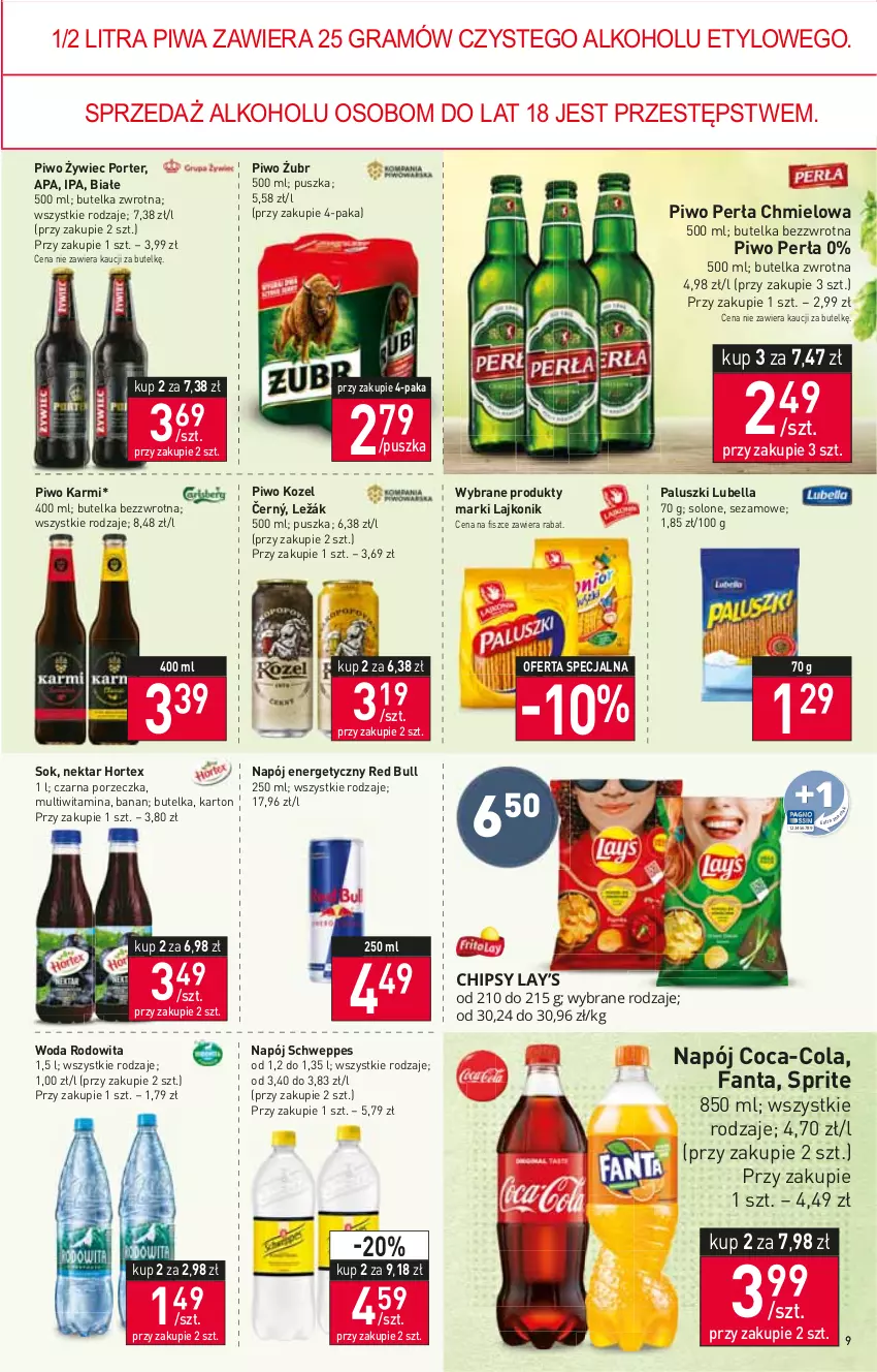 Gazetka promocyjna Stokrotka - Market - ważna 24.02 do 02.03.2022 - strona 9 - produkty: Bell, Bella, Coca-Cola, Fa, Fanta, Gra, Hortex, Karmi, Kozel, Lajkonik, Lubella, Napój, Napój energetyczny, Nektar, Perła, Piwa, Piwo, Por, Red Bull, Schweppes, Sezam, Sok, Sprite, Woda