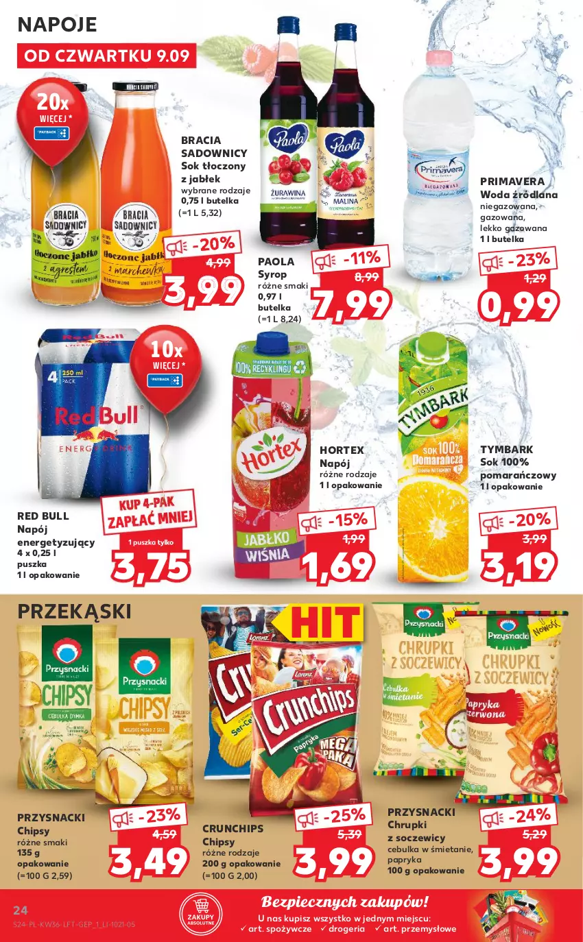 Gazetka promocyjna Kaufland - OFERTA TYGODNIA - ważna 09.09 do 15.09.2021 - strona 24 - produkty: Chipsy, Chrupki, Crunchips, Hortex, LANA, Napój, Napoje, Paola, Papryka, Piec, Prima, Primavera, Przysnacki, Red Bull, Sok, Syrop, Tymbark, Woda