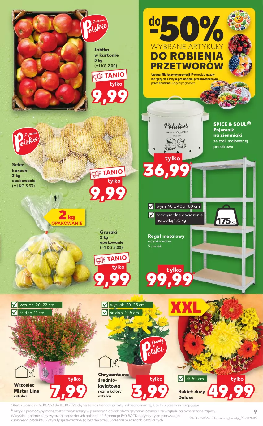 Gazetka promocyjna Kaufland - OFERTA TYGODNIA - ważna 09.09 do 15.09.2021 - strona 9 - produkty: Bukiet, Chryzantema, Cynk, Gra, Gruszki, Jabłka, Pojemnik, Regał, Regał metalowy, Seler korzeń, Waga, Ziemniaki