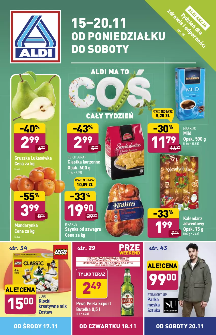 Gazetka promocyjna Aldi - ważna 15.11 do 20.11.2021 - strona 1 - produkty: Ciastka, Gra, Kalendarz, Kalendarz adwentowy, Klocki, Krakus, LEGO, Parka, Perła, Piwa, Piwo, Por, Reichsgraf, Szynka, Tera