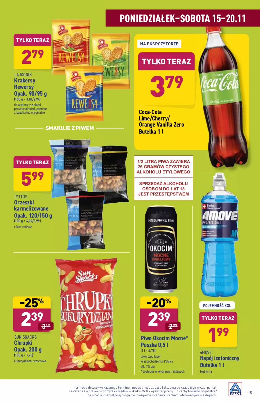 Gazetka promocyjna Aldi - ważna 15.11 do 20.11.2021 - strona 15 - produkty: Bazyl, Chrupki, Coca-Cola, Gin, Gra, Koc, Krakersy, Lajkonik, Napój, Napój izotoniczny, Okocim, Orzeszki, Piwa, Piwo, Tera