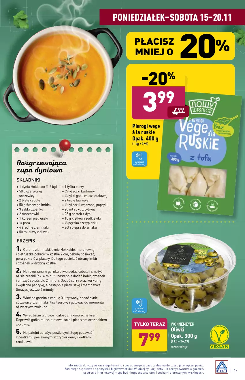 Gazetka promocyjna Aldi - ważna 15.11 do 20.11.2021 - strona 17 - produkty: Cytryny, Czosnek, Imbir, Laur, Mus, Nuty, Oliwki, Pestki dyni, Pieprz, Pierogi, Por, Sok, Sól, Stek, Tera, Warzywa, Ziemniaki, Zupa