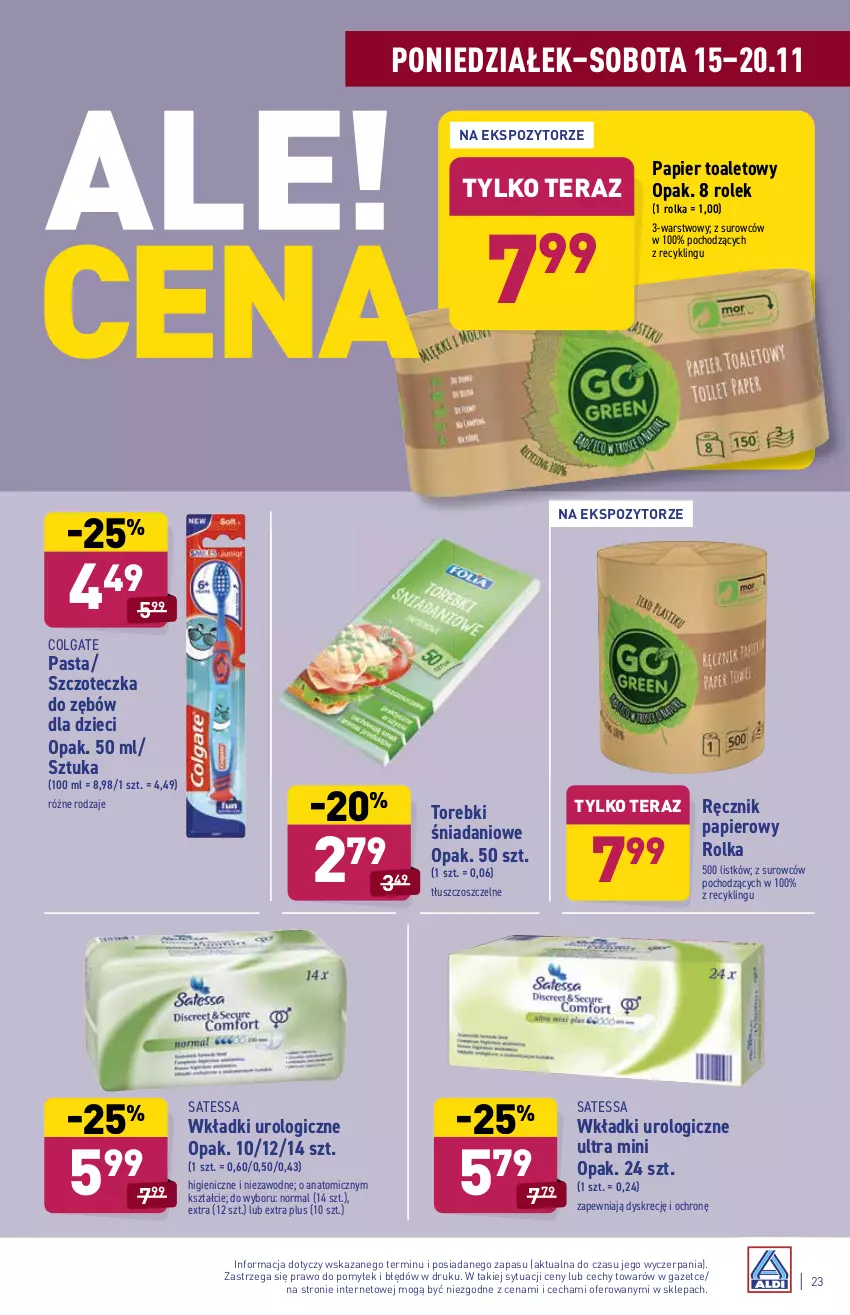 Gazetka promocyjna Aldi - ważna 15.11 do 20.11.2021 - strona 23 - produkty: Atomic, Colgate, Danio, Dzieci, LG, Papier, Papier toaletowy, Ręcznik, Szczoteczka, Szczoteczka do zębów, Tera, Wkładki, Wkładki urologiczne