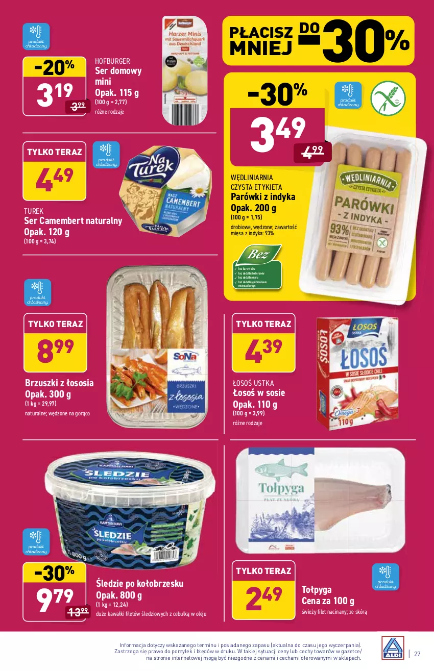 Gazetka promocyjna Aldi - ważna 15.11 do 20.11.2021 - strona 27 - produkty: Brzuszki z łososia, Burger, Camembert, Hofburger, Kawa, Olej, Parówki, Parówki z indyka, Ser, Sos, Tera, Tołpyga