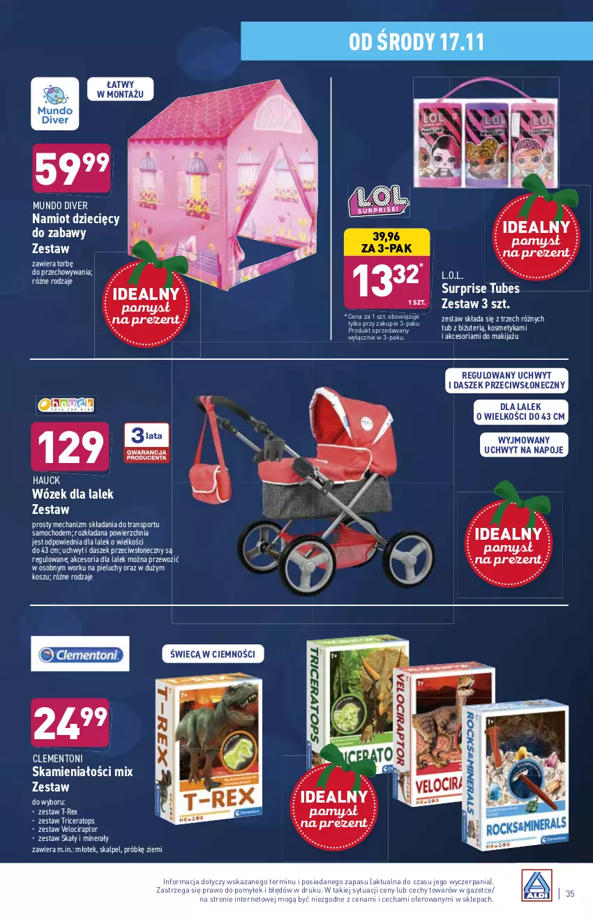 Gazetka promocyjna Aldi - ważna 15.11 do 20.11.2021 - strona 35 - produkty: Dzieci, Kosz, L.O.L., Makijaż, Młot, Młotek, Namiot, Napoje, Pieluchy, Por, Sport, Top, Tran, Wózek