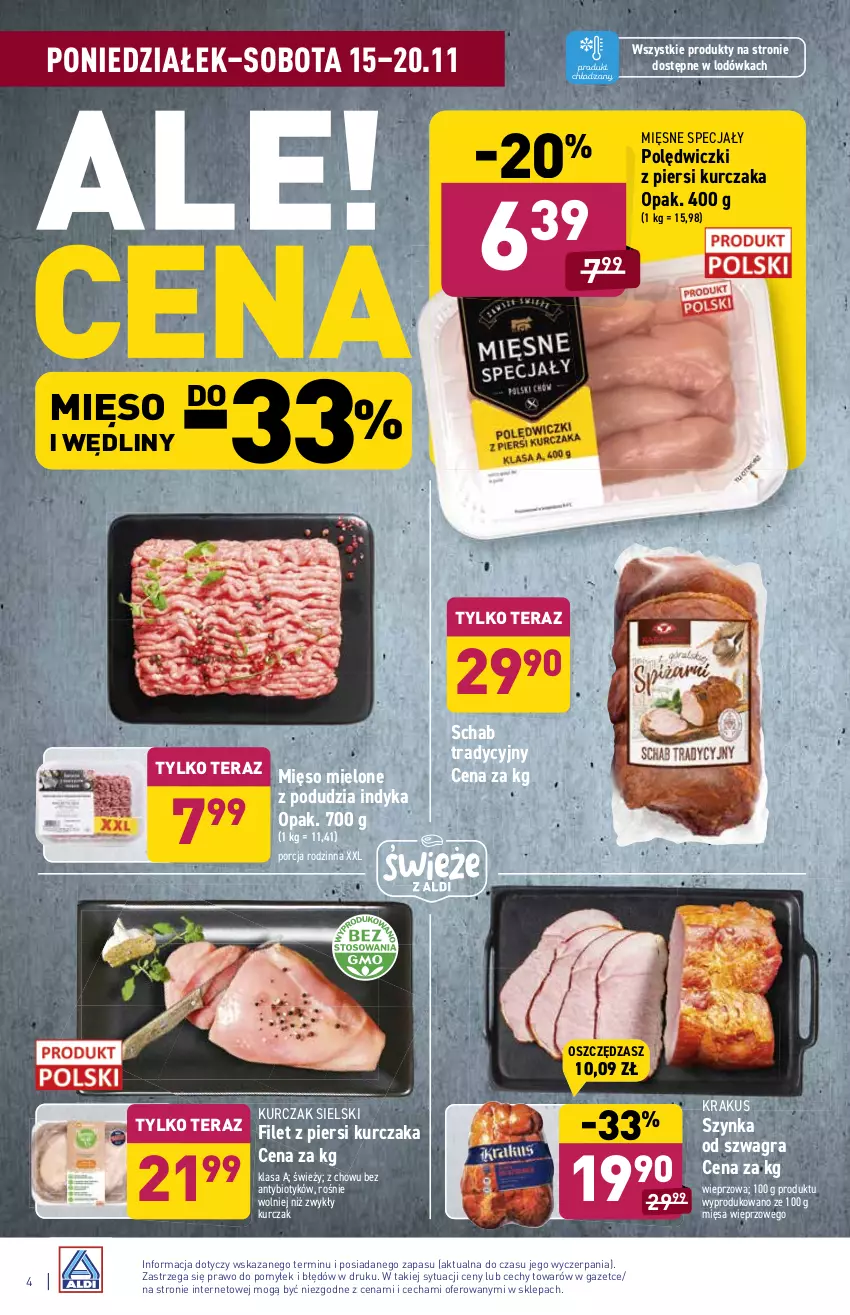 Gazetka promocyjna Aldi - ważna 15.11 do 20.11.2021 - strona 4 - produkty: Filet z piersi kurczaka, Gra, Krakus, Kurczak, Lodówka, Mięsne specjały, Mięso, Mięso mielone, Por, Szynka, Tera