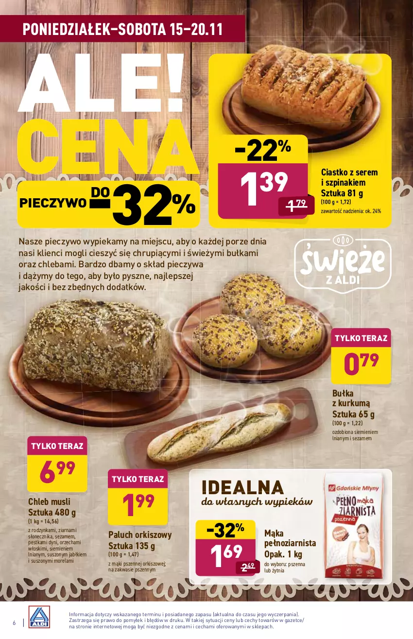 Gazetka promocyjna Aldi - ważna 15.11 do 20.11.2021 - strona 6 - produkty: Bułka, Chleb, Mąka, Morela, Mus, Piec, Pieczywo, Por, Ser, Sezam, Szpinak, Tera