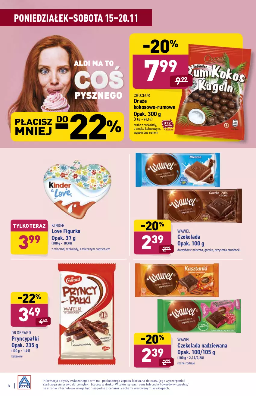 Gazetka promocyjna Aldi - ważna 15.11 do 20.11.2021 - strona 8 - produkty: Czekolada, Czekolada nadziewana, Dr Gerard, Kakao, Kinder, Kokos, Rum, Tera, Wawel