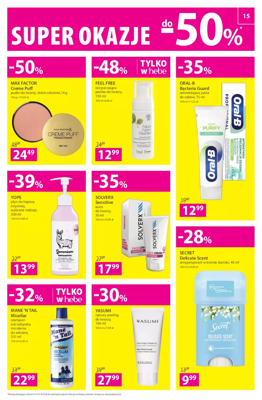 Gazetka promocyjna Hebe - Gazetka - ważna 14.07 do 27.07.2022 - strona 15 - produkty: Antyperspirant, Fa, Krem do twarzy, Max Factor, Odżywka, Pasta do zębów, Peeling, Płyn do higieny intymnej, Puder, Puder do twarzy, Puf, Ryż, Szampon, Yope