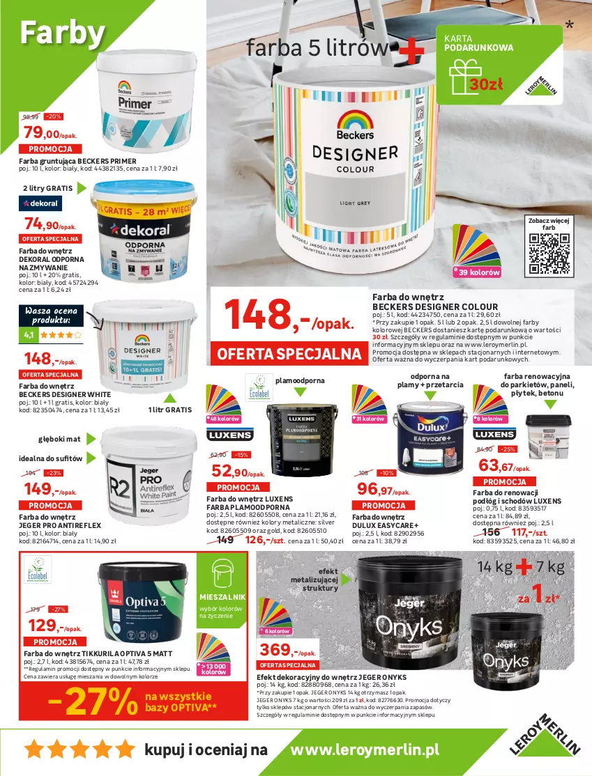 Gazetka promocyjna Leroy Merlin - Gazetka Leroy Merlin - ważna 01.06 do 23.06.2022 - strona 9 - produkty: Beckers, Dekoral, Designer Colour, Dulux, Dzieci, Fa, Farba do wnętrz, Gra, Grunt, Inka, Luxens, Olej, Por, Sos, Szal