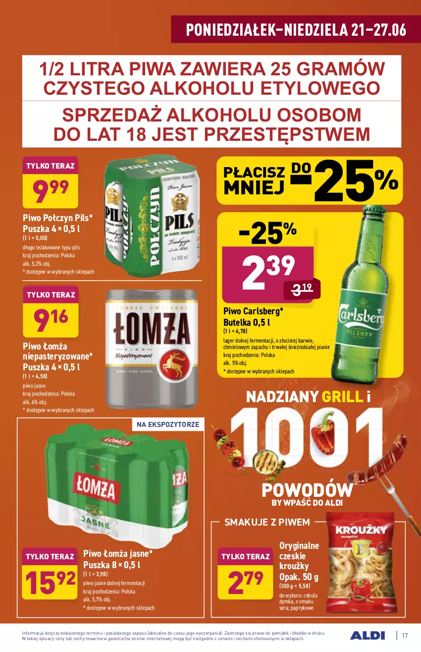 Gazetka promocyjna Aldi - ważna 21.06 do 26.06.2021 - strona 17 - produkty: Carlsberg, Cebula, Gin, Gra, Grill, Piwa, Piwo, Piwo jasne, Ser, Tera