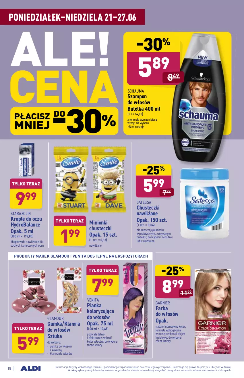 Gazetka promocyjna Aldi - ważna 21.06 do 26.06.2021 - strona 18 - produkty: Chusteczki, Fa, Farba do włosów, Garnier, Krople do oczu, Olej, Schauma, Szampon, Tera