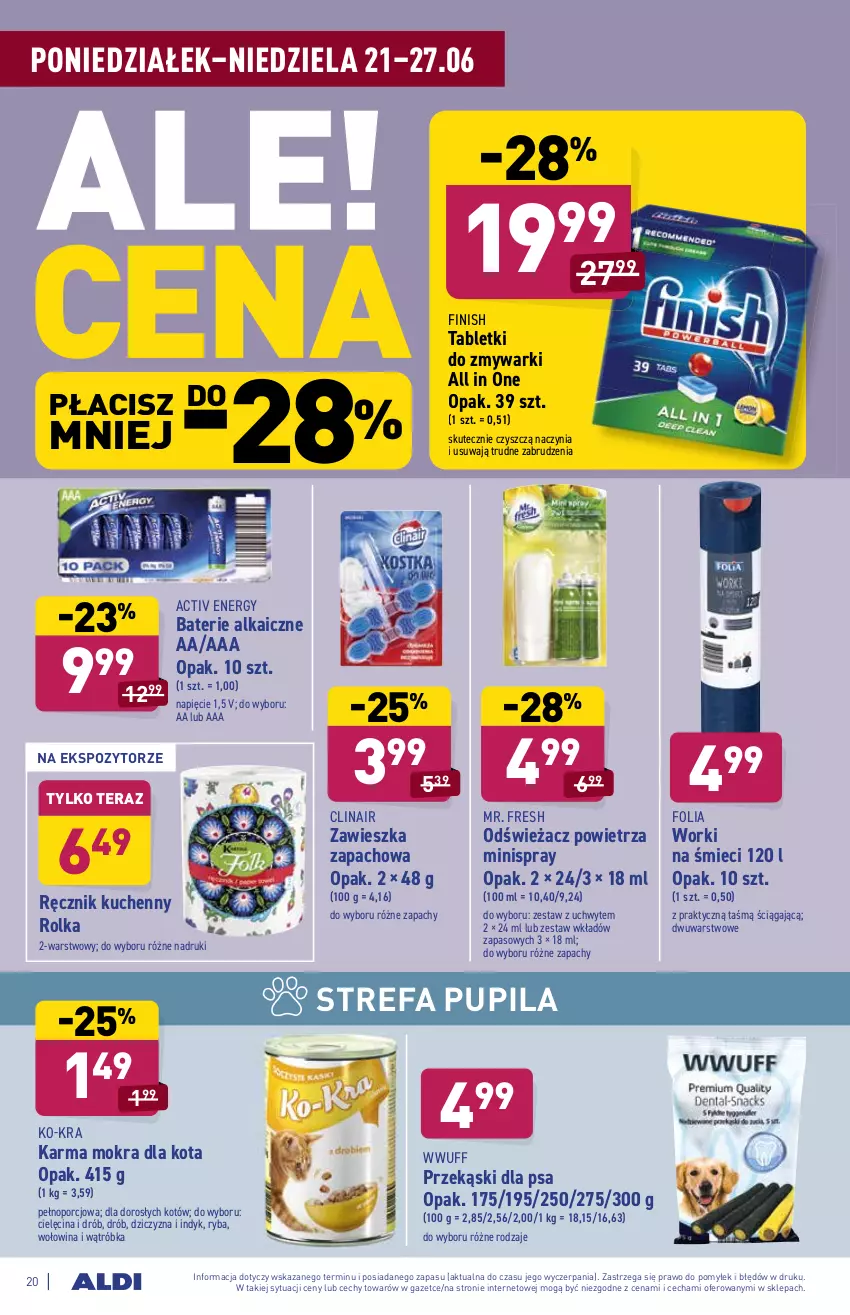 Gazetka promocyjna Aldi - ważna 21.06 do 26.06.2021 - strona 20 - produkty: Clin, Drób, Dziczyzna, Fa, Finish, Odświeżacz powietrza, Por, Przekąski dla psa, Ręcznik, Ręcznik kuchenny, Ryba, Tablet, Tabletki do zmywarki, Tera, Wołowina, Worki na śmiec, Worki na śmieci, Zmywarki