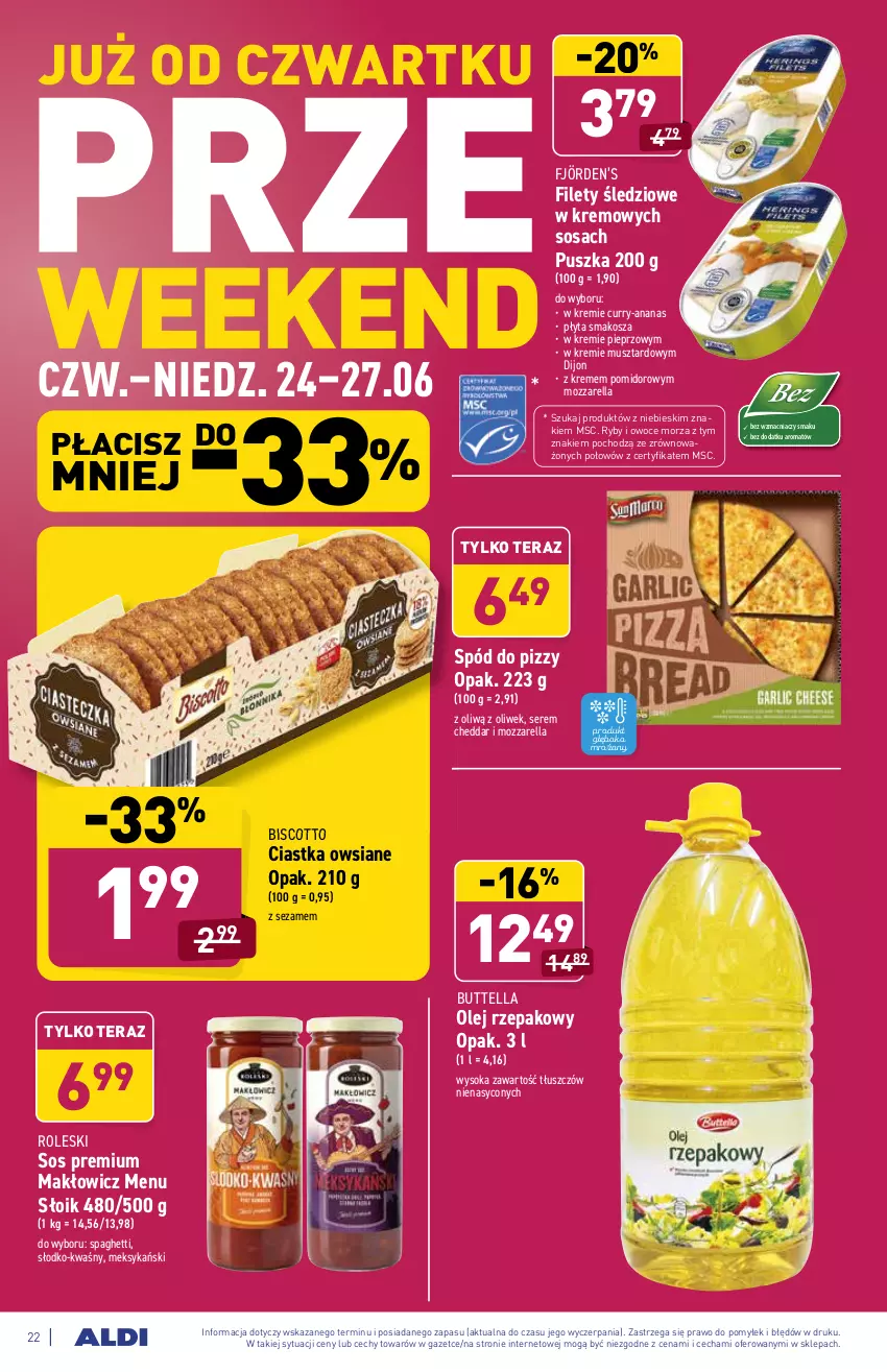 Gazetka promocyjna Aldi - ważna 21.06 do 26.06.2021 - strona 22 - produkty: Ananas, Cheddar, Ciastka, Ciastka owsiane, Kosz, Mozzarella, Mus, Olej, Olej rzepakowy, Owoce, Owoce morza, Pieprz, Płyta, Ryby i owoce morza, Ser, Sezam, Sok, Sos, Spaghetti, Spód do pizzy, Tera