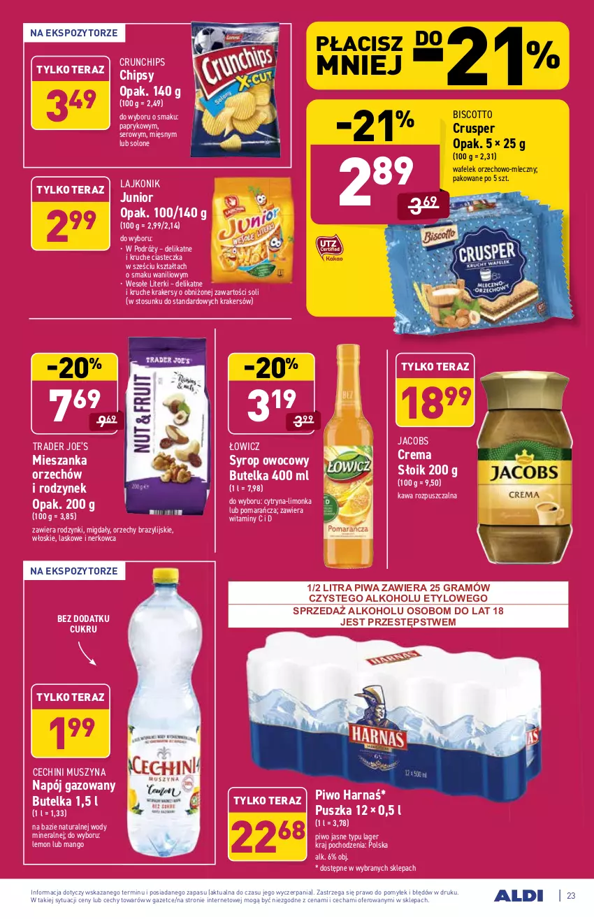 Gazetka promocyjna Aldi - ważna 21.06 do 26.06.2021 - strona 23 - produkty: Chipsy, Crunchips, Gra, Harnaś, Jacobs, Kawa, Kawa rozpuszczalna, Krakersy, Lajkonik, Limonka, Mango, Migdały, Mus, Napój, Napój gazowany, Piwa, Piwo, Piwo jasne, Rodzynki, Ser, Syrop, Szyna, Tera, Wafelek