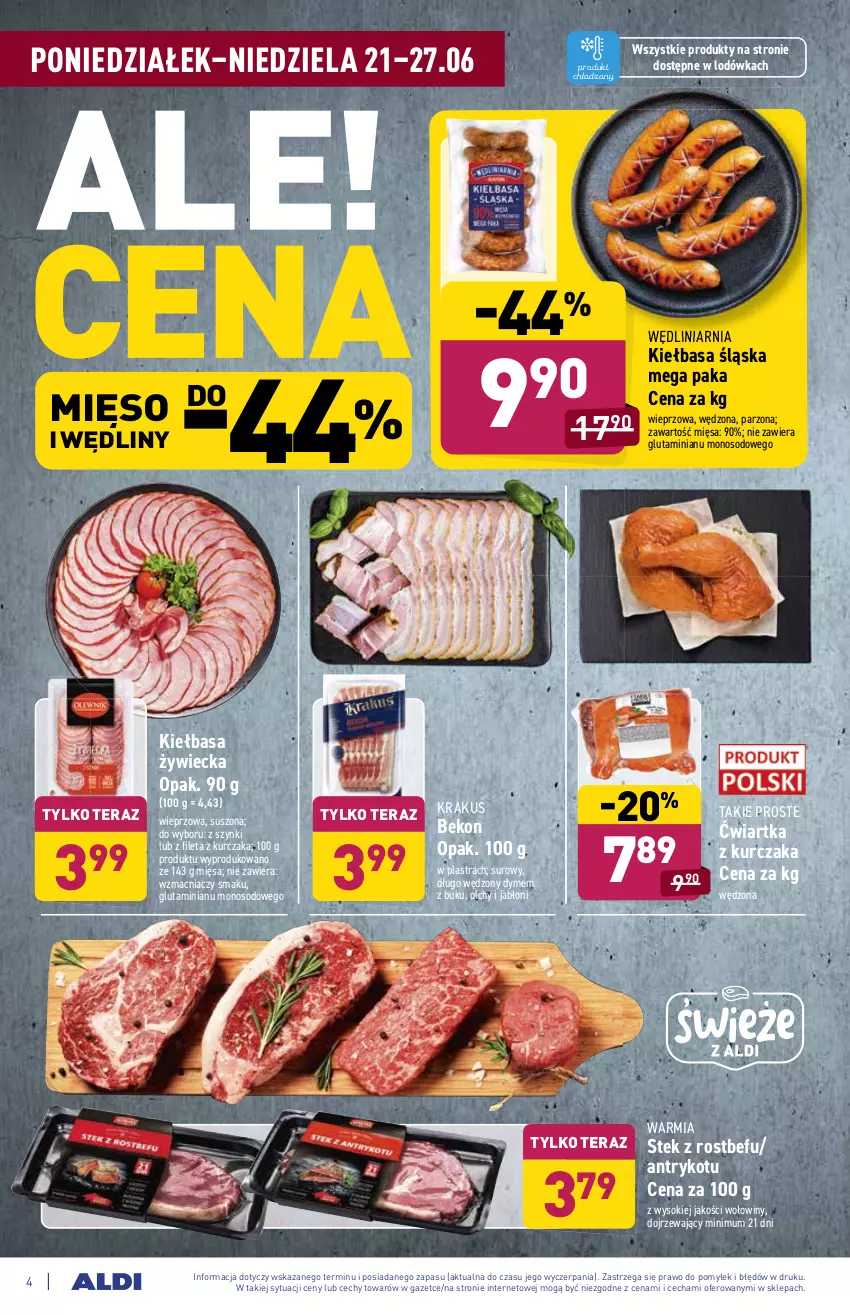 Gazetka promocyjna Aldi - ważna 21.06 do 26.06.2021 - strona 4 - produkty: Beko, Kiełbasa, Kiełbasa śląska, Krakus, Kurczak, Lodówka, Mięso, Rostbef, Sok, Stek, Tera