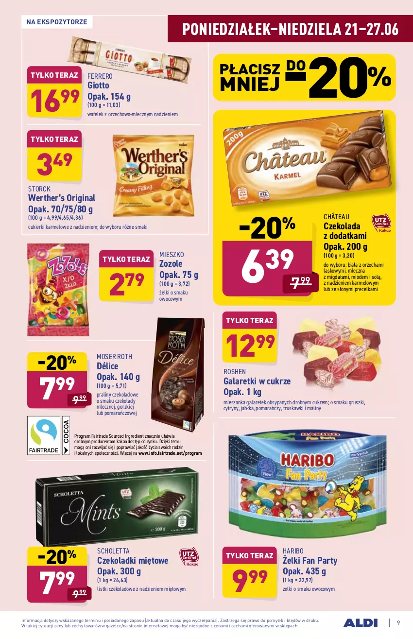 Gazetka promocyjna Aldi - ważna 21.06 do 26.06.2021 - strona 9 - produkty: Cukier, Cukierki, Cytryny, Czekolada, Fa, Ferrero, Gala, Galaretki, Gin, Gra, Gruszki, Haribo, Jabłka, Kakao, Maliny, Moser Roth, Praliny, Ser, Tera, Truskawki, Wafelek