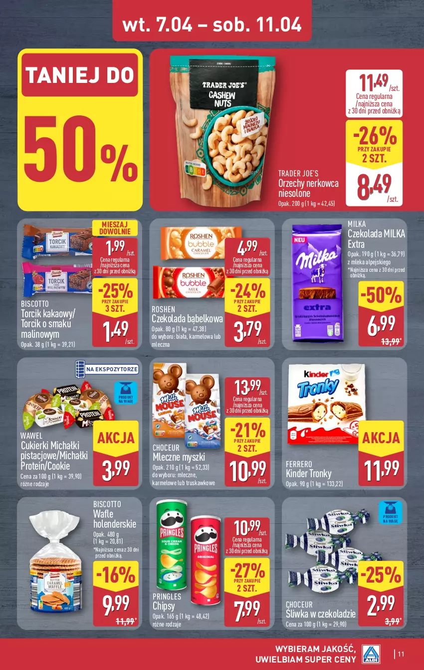 Gazetka promocyjna Aldi - Pełna oferta - ważna 07.04 do 11.04.2026 - strona 11 - produkty: Chipsy, Cukier, Cukierki, Czekolada, Ferrero, Kakao, Kinder, Michałki, Milka, Mysz, Pringles, Wafle, Wawel