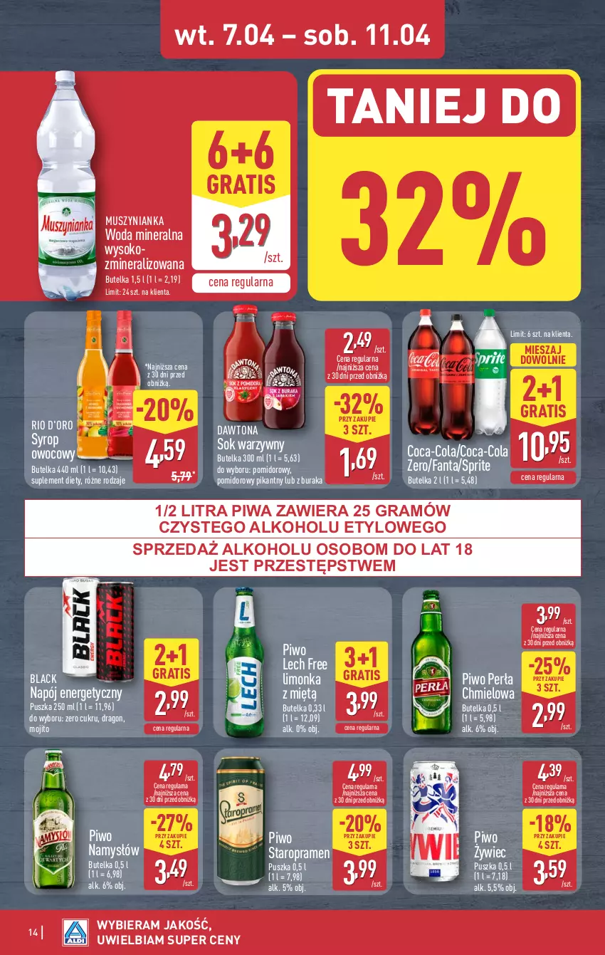 Gazetka promocyjna Aldi - Pełna oferta - ważna 07.04 do 11.04.2026 - strona 14 - produkty: Coca-Cola, Dawtona, Fa, Fanta, Gra, Lack, Limonka, Mus, Muszynianka, Namysłów, Napój, Napój energetyczny, Perła, Piwa, Piwo, Sok, Sprite, Suplement diety, Syrop, Woda, Woda mineralna