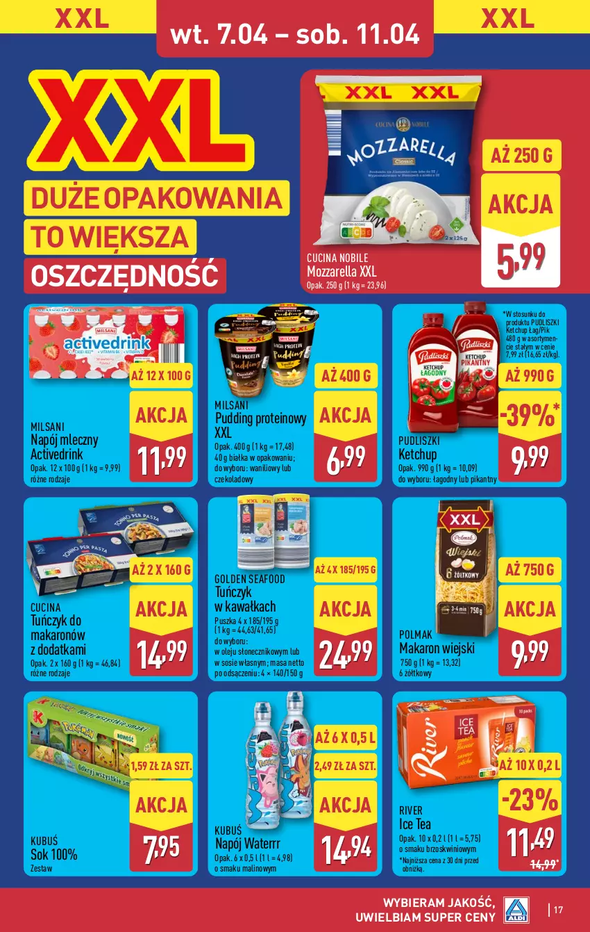 Gazetka promocyjna Aldi - Pełna oferta - ważna 07.04 do 11.04.2026 - strona 17 - produkty: Golden Seafood, Ice tea, Kawa, Ketchup, Kubuś, Makaron, Mozzarella, Napój, Napój mleczny, Olej, Olma, Pudding, Pudliszki, Sok, Sos, Tuńczyk