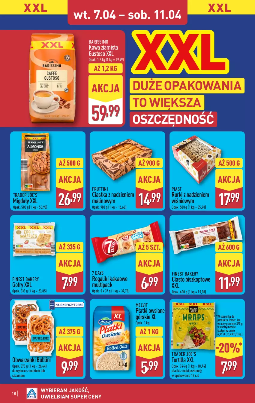 Gazetka promocyjna Aldi - Pełna oferta - ważna 07.04 do 11.04.2026 - strona 18 - produkty: 7 Days, Ciastka, Gofry, Kakao, Kawa, Kawa ziarnista, Lack, Melvit, Migdały, Piast, Płatki owsiane, Rogal, Rurki, Sezam, Tortilla