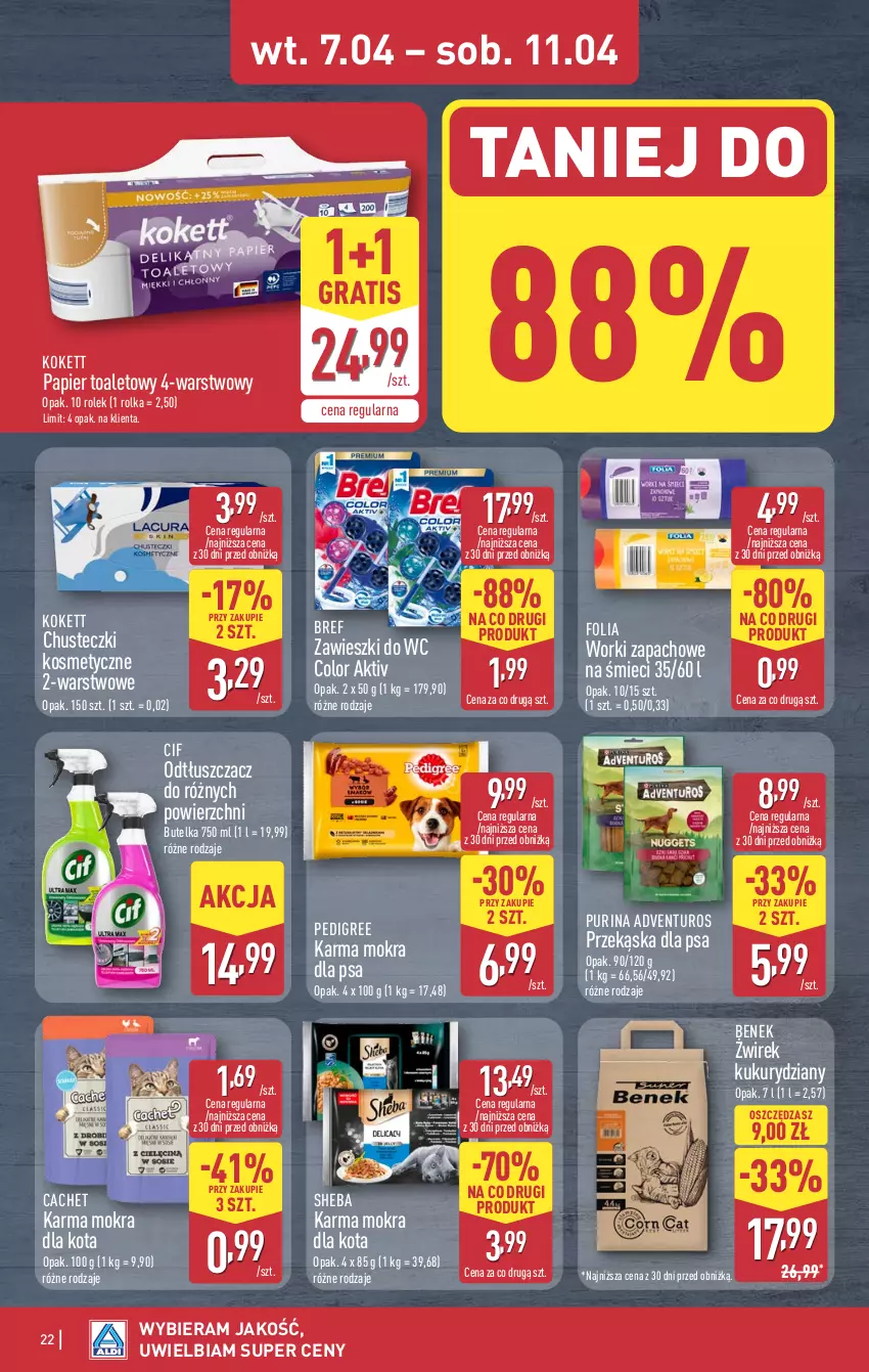 Gazetka promocyjna Aldi - Pełna oferta - ważna 07.04 do 11.04.2026 - strona 22 - produkty: Adventuros, Bref, Chusteczki, Chusteczki kosmetyczne, Cif, Gra, Odtłuszczacz, Papier, Papier toaletowy, Pedigree, Pur, Purina, Sheba, Zawieszki