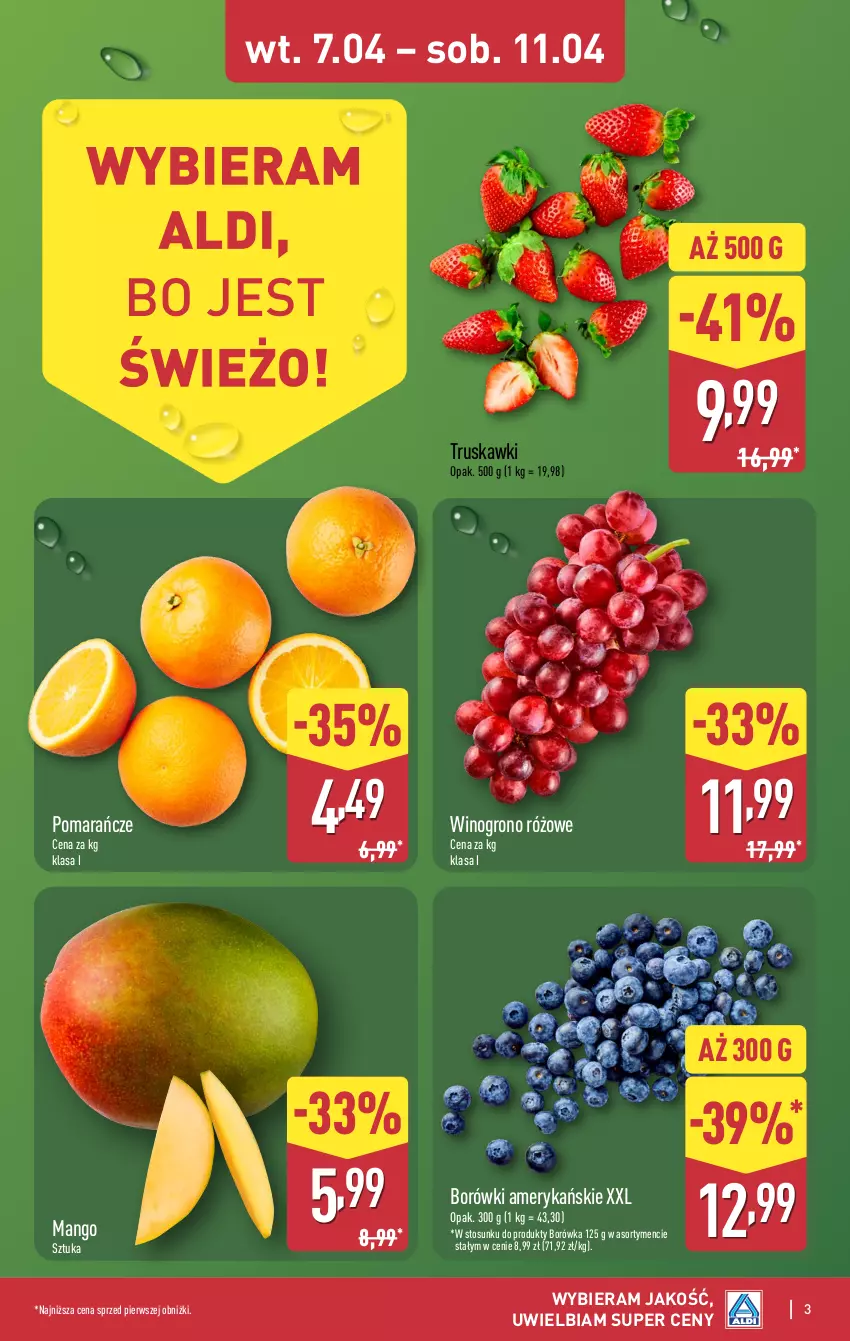 Gazetka promocyjna Aldi - Pełna oferta - ważna 07.04 do 11.04.2026 - strona 3 - produkty: Borówka, Mango, Pomarańcze, Truskawki, Wino